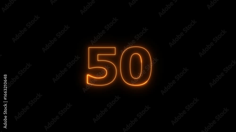Poster glowing neon text 50 number countdown timer animation background. neon business number icon 4k video