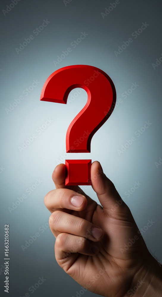 Poster red question mark held in hand against a gray background, symbolizing inquiry, uncertainty, or the s
