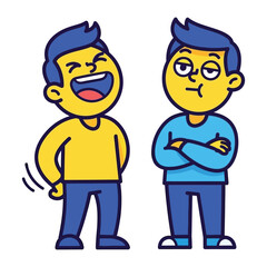 Emotions in Contrast: Two cartoon characters depict a spectrum of human emotions, highlighting the stark differences between laughter and disapproval in a vibrant, digitally crafted scene.