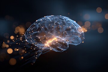Glowing neural network forming a brain shape against a dark background with bokeh effect