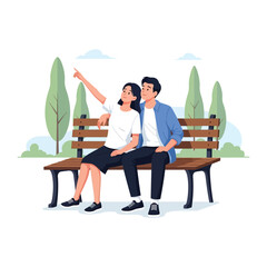 Couple Sitting and Observing: A tender moment unfolds as a couple, engrossed in shared experience, sits on a bench. One points up and they observe what captured them. capturing the moment of unity.