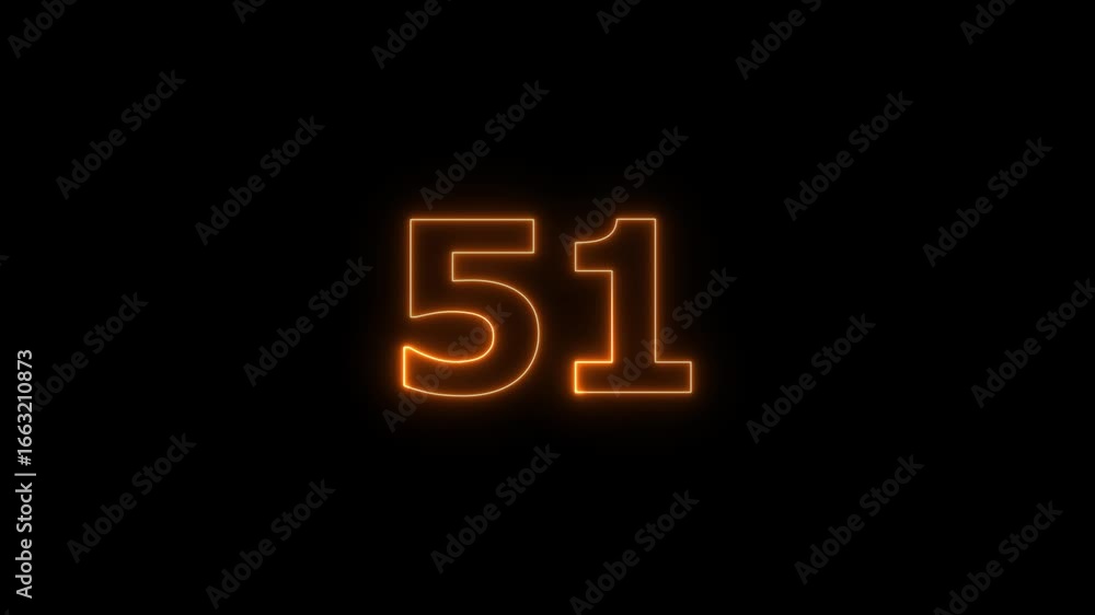 Poster glowing neon text 51 number countdown timer animation background. neon business number icon 4k video