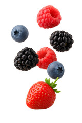 Floating mix berries cinematic shot with blueberry raspberry strawberry and purple berry isolated on white background