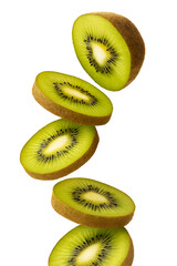 Cinematic Floating Kiwi Slice Isolated on Transparent Background – Fresh Green Fruit Creative Shot