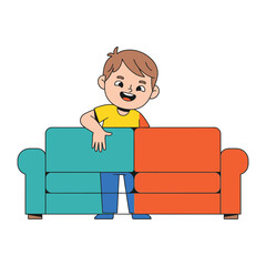 Joyful Boy and Colorful Sofa: A vibrant illustration capturing a cheerful boy playfully interacting with a two-toned sofa, radiating happiness and fun. 