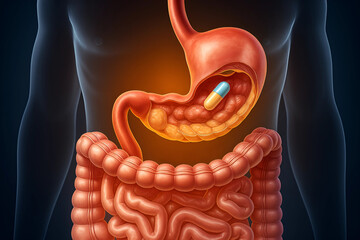 Medical Illustration of Human Gut and Stomach with Medicine Pills and Capsules Inside – Digestive System Anatomy Concept for Gastroenterology, Indigestion, Probiotics, and Stomach Health