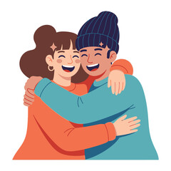 Obraz premium Embrace of Joy: Two smiling individuals in cozy attire share a warm embrace, embodying the spirit of togetherness, friendship, and affection.