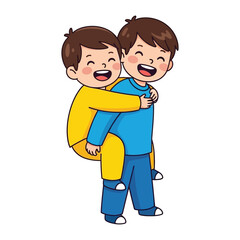 Brotherhood Bond: A cheerful depiction of two brothers sharing a moment of playful closeness, one playfully piggybacking the other, showcasing the bond of childhood camaraderie. 