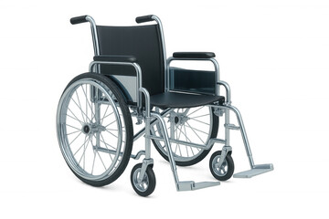 Fototapeta premium Black leather wheelchair with metal frame, resting on transparent surface, displaying medical mobility aid