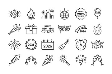 Happy New Year 2026 Icon Set. New Year Celebration, Fireworks, Party, 2026, Countdown, Celebration, Confetti, Gifts, Mask, Cheers, and More. Editable Stroke. Vector Illustration.