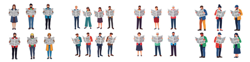 Obraz premium People Reading Newspaper Character Set