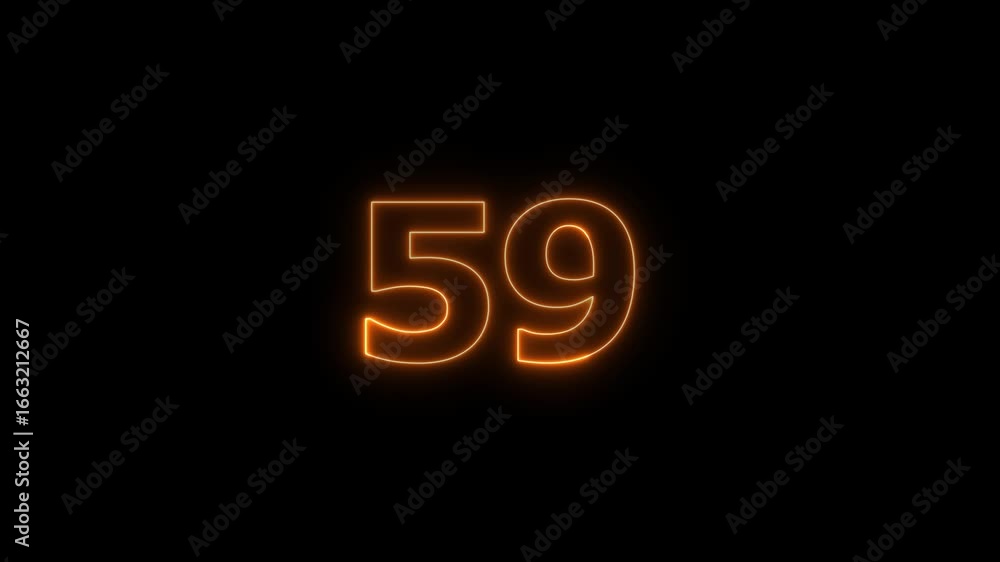 Poster glowing neon text 59 number countdown timer animation background. neon business number icon 4k video