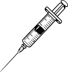 Medical syringe illustration, healthcare injection tool vector, vaccination needle drawing, hospital equipment design, medicine administration clipart,