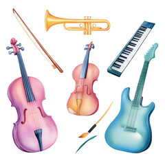 Naklejka premium Musical Ensemble: An artful watercolor arrangement of various musical instruments, harmoniously composed to celebrate the symphony of sound.