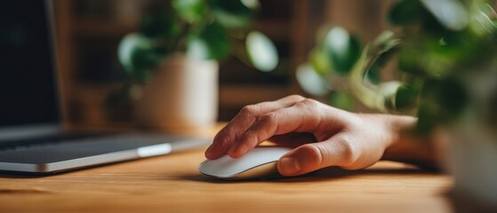 The hand delicately using a computer mouse at a stylish workspace.