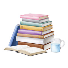 Naklejka premium Stack of Books: A pile of assorted books, stacked together, inviting a plunge into the realm of knowledge and relaxation. The scene is made complete with a clear glass filled with water.