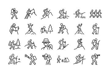 Hiker Elements Vector Icon Set. Hiking, Trekking, Mountain Climbing, Backpack, Walking, Trail, Adventure, Hiking Boots, Climbing Stick, Nature Exploration, Hiking Path, and More. Editable Stroke.