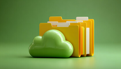 Cloud storage concept featuring transparent cloud icon and yellow file folders on green background