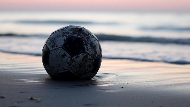 A worn soccer ball rests on the sandy beach as gentle waves lap at the shore during a colorful sunset.