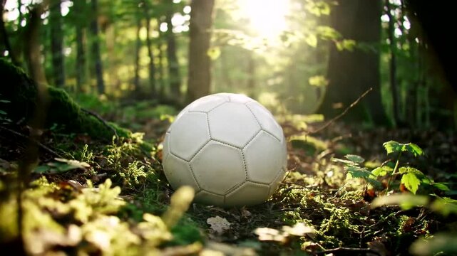 A soccer ball rests in a lush forest, illuminated by warm sunlight, inviting outdoor play and exploration.
