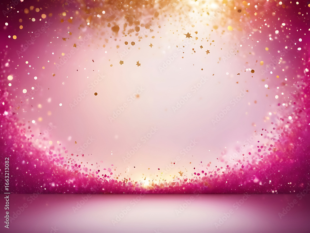 Poster abstract festive background with a sparkling wave of light and particles in pink and gold.