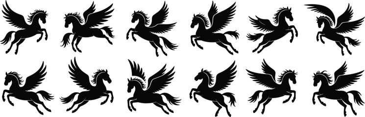 Silhouette Pegasus flying, mythical winged horse illustration, fantasy animal art, black horse wings, majestic creature design, vector graphic, isolated white background