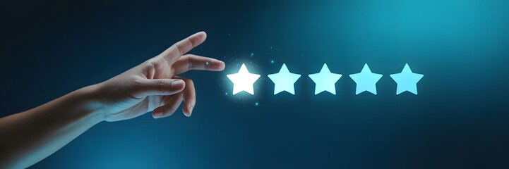 Customer Rating with Glowing Star: A hand elegantly points to a singular glowing star against a backdrop of four subdued stars, set within a digital, dark teal environment