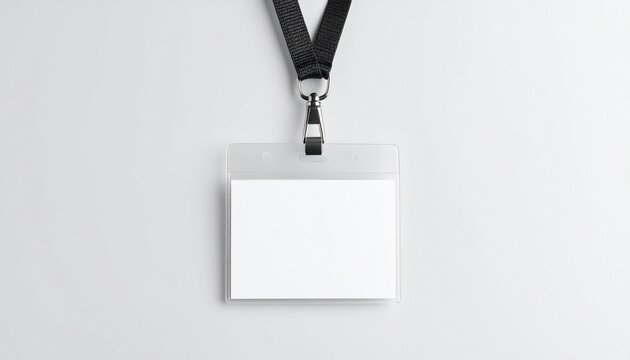 A blank, square ID badge hangs from a black lanyard against a white background.