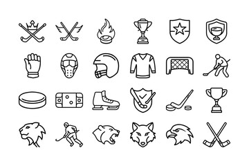 Hockey Club Logo Vector Icon Set. Ice Hockey, Stick, Puck, Goal, Shield, Hockey Player, Trophy, Helmet, Sports Club, Team, Sport Equipment, Championship, and More. Editable Stroke. Vector Illustration