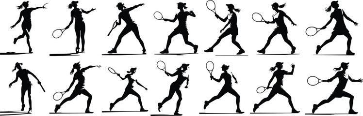 Female tennis player silhouettes, sports action poses, racket sport icons, athletic movement vector, black white illustration, professional game design, dynamic posture clipart set