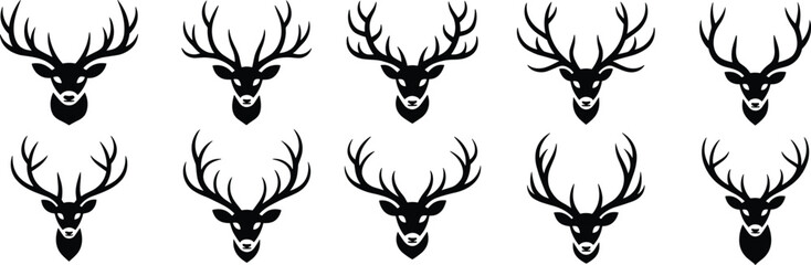 Deer head silhouettes, antlered stag icons, wildlife hunting clipart, nature animal vector, black white illustration, trophy emblem design, rustic outdoor graphic set