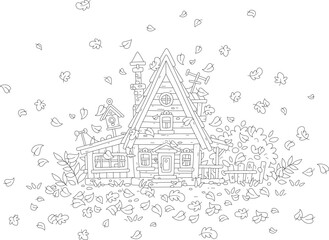 Cozy little wooden house with a verandah and a fence surrounded by falling and swirling autumn leaves, black and white outlined vector illustration for a coloring book