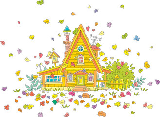 Cozy little wooden house with a verandah and a fence surrounded by colorful falling and swirling autumn leaves, vector cartoon illustration on white