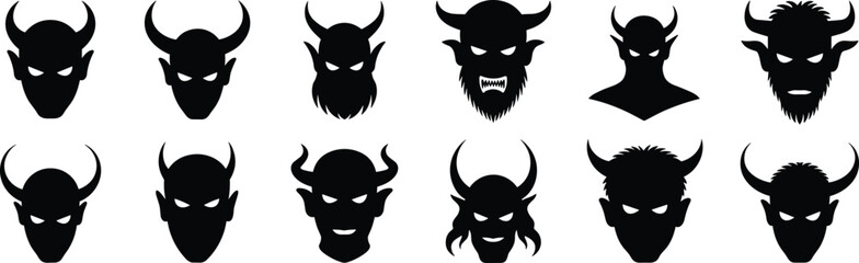 Horned demon head silhouette set, evil monster face icons, scary devil mask design, gothic horror art, fantasy creature illustration, tattoo inspiration