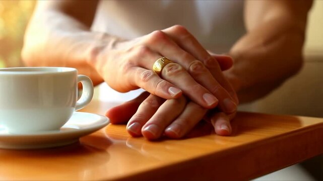 A young man sitting at a table in a cafe slowly crosses one hand over the other, showing off a massive gold ring on his ring finger, obviously hinting at his marital status