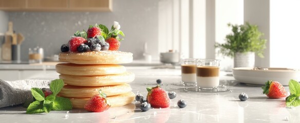 The mouthwatering pancakes topped with berries and mint on a modern kitchen countertop.