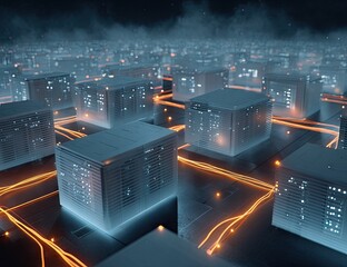 Futuristic cityscape of interconnected data cubes glowing with digital pathways