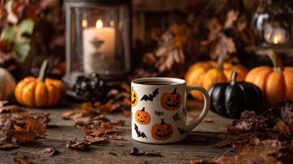 ジャックオランタン柄のマグと秋の装飾