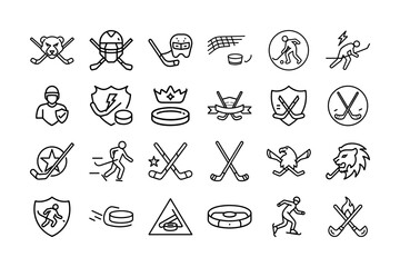 Hockey Club Logo Vector Icon Set. Ice Hockey, Stick, Puck, Goal, Shield, Hockey Player, Trophy, Helmet, Sports Club, Sports Equipment, Championship, and More. Editable Stroke. Vector Illustration.