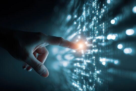 Fingertip interacts with glowing digital code matrix (1) - Powered by Adobe