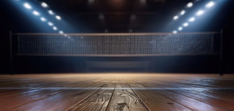 The volleyball net illuminated in an empty indoor sports arena setting. - Powered by Adobe
