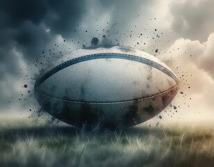 Dramatic rugby ball soaring through stormy skies evokes power and determination perfect for sports branding and impactful advertising campaigns