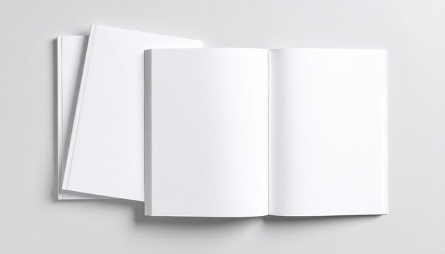 An open, blank book lies beside two other closed, stacked books, all on a plain, light background.