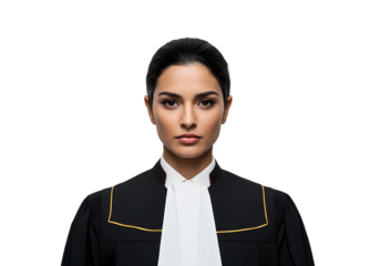 Portrait of a Serious Young Female Lawyer in a Black Robe on transparent background