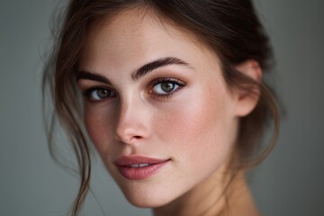 Fototapeta premium Young woman with natural makeup and soft waves in her hair gazes confidently at the camera, showcasing her beauty and elegance in a serene, neutral-toned background