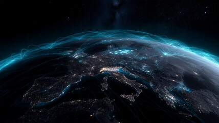 夜の地球に広がる冷色の通信網