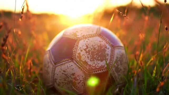 A worn soccer ball rests in tall grass during a beautiful sunset, capturing a moment of outdoor leisure.