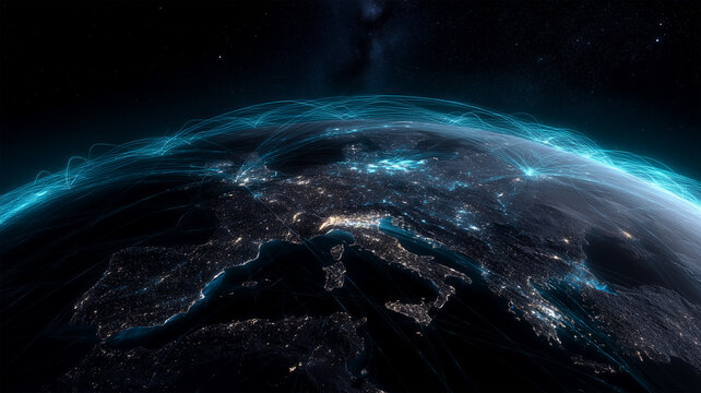 夜の地球に広がる冷色の通信網