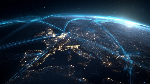 夜の地球に広がる冷色の通信網