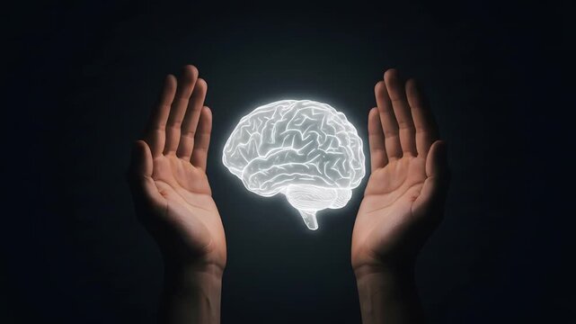 Hands encircling digital brain graphic